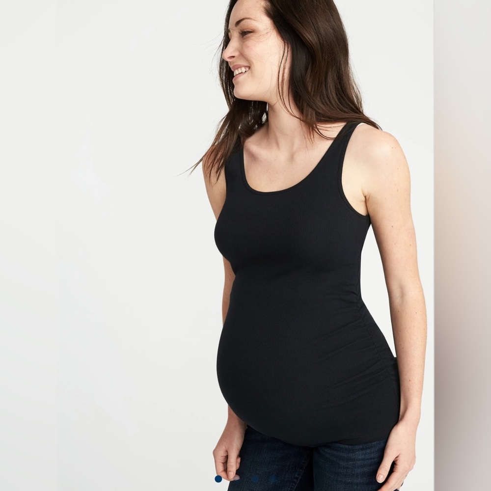 Maternity First-Layer Rib-Knit Side-Shirred Tank Top in Black